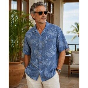 Boca Classics Silk Aloha Shirt Mens LT Blue Tropical Hawaiian Camp Island Wear
